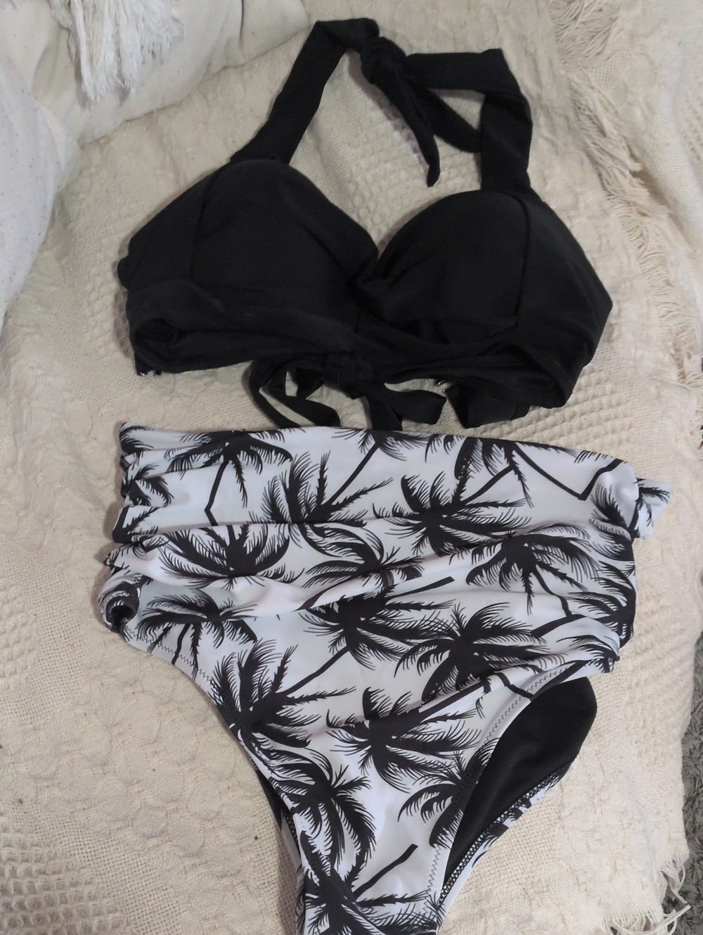Black Top & Black-White Palm Print High-Waist Bikini With Rouching